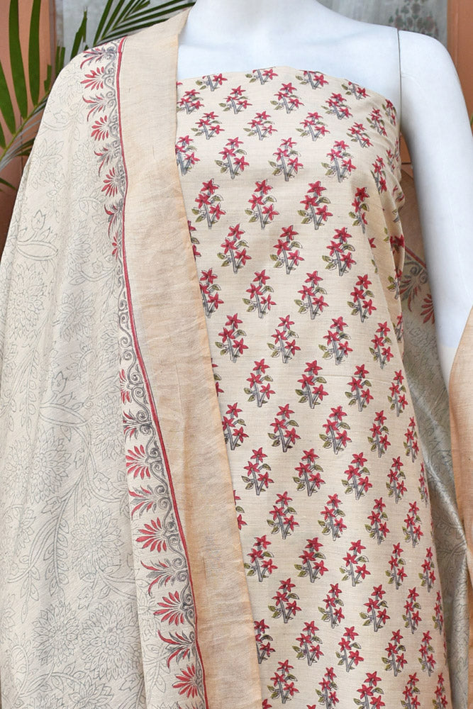 Elegant Hand Block printed Moonga Tussar Silk Kurta Dupatta Set