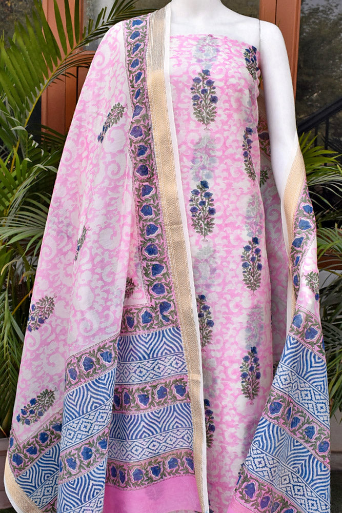Beautiful Hand Block Printed Maheshwari Silk Cotton Unstitched suit fabric - 3 pc set