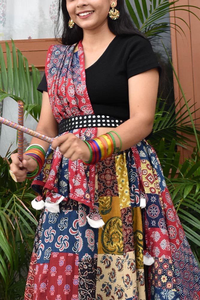 Beautiful Ajrakh Hand Block Printed Patch Work Cotton Long Skirt with Stitched borders