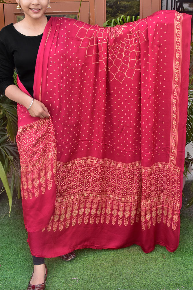 Elegant Modal Silk Dupatta with  Bandhani Print & Foil Mirror Work