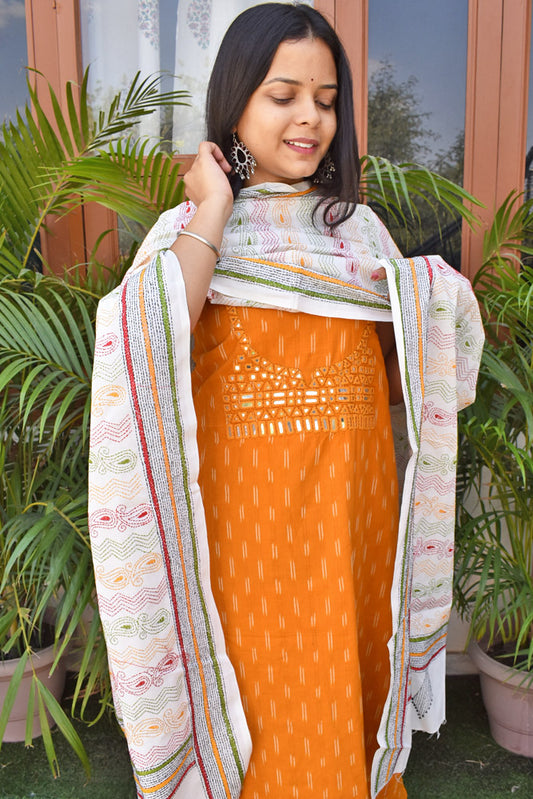 Handwoven Ikkat Cotton Kurta fabric with Kutch Mirror work & Hand Kantha work Cotton dupatta
