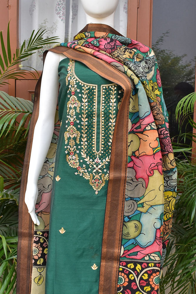 Exclusive Intricate Hand Embroidered Chanderi Kurta fabric & Hand Painted Pen Kalamkari Dupatta with Zari border
