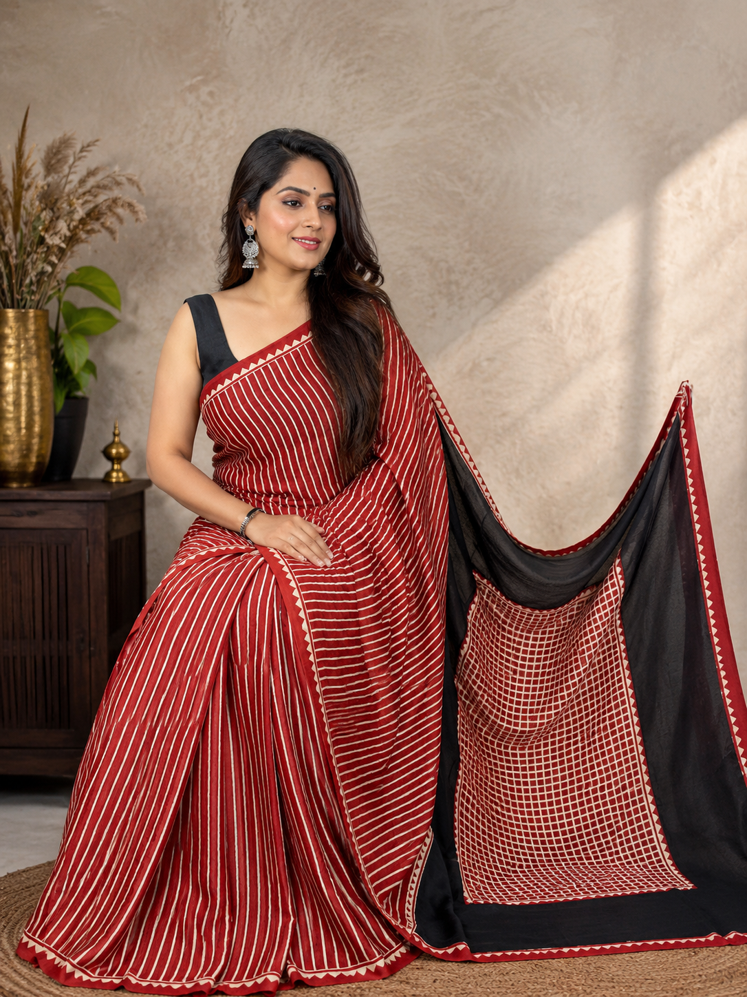 Elegant Hand Block Printed Ajrakh Modal Silk Saree