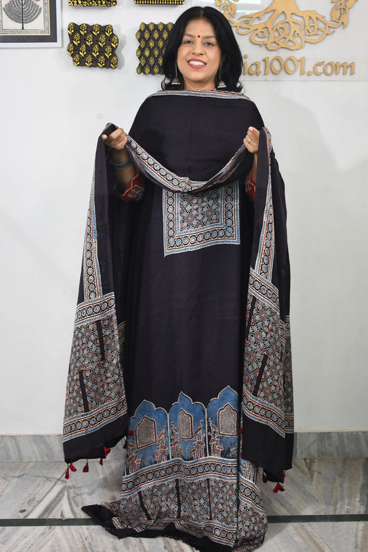 Designer Ajrakh Modal silk Kurta and Dupatta Set with  Neck yoke and panel design