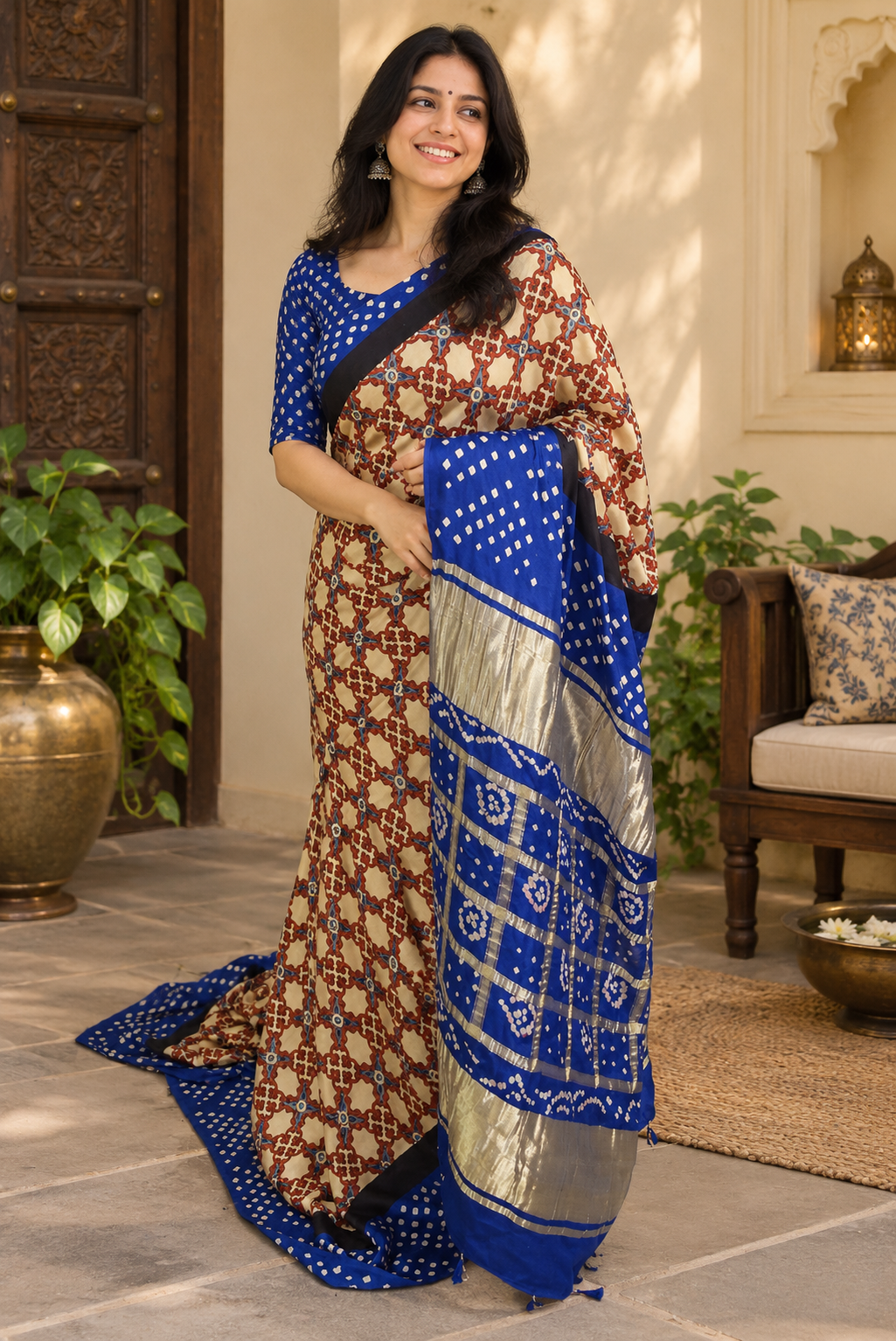 Beautiful Hand-Crafted Modal Silk Bandhani + Ajrakh Hand Block print Saree