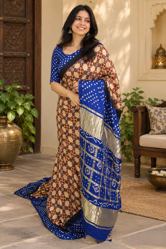 Beautiful Hand-Crafted Modal Silk Bandhani + Ajrakh Hand Block print Saree