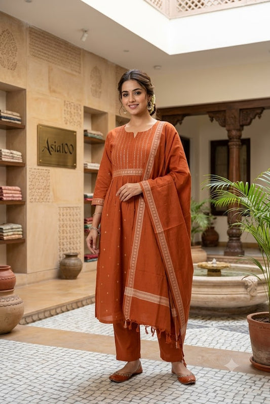 Designer Hand Block Printed Cotton 3 pc Suit  - 40 to 46 size