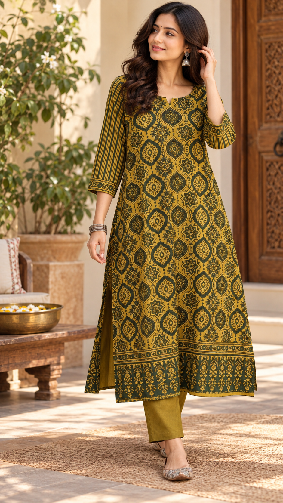 Designer Ajrakh Hand Block Printed Linen Kurta - Size 38 to 46 ( all sizes)