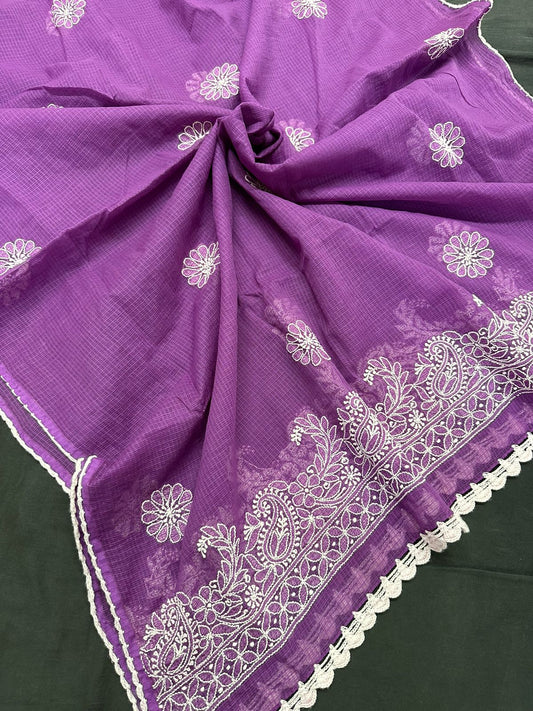 Handcrafted Kota Cotton Dupatta with Chikankari embroidery & crochet borders