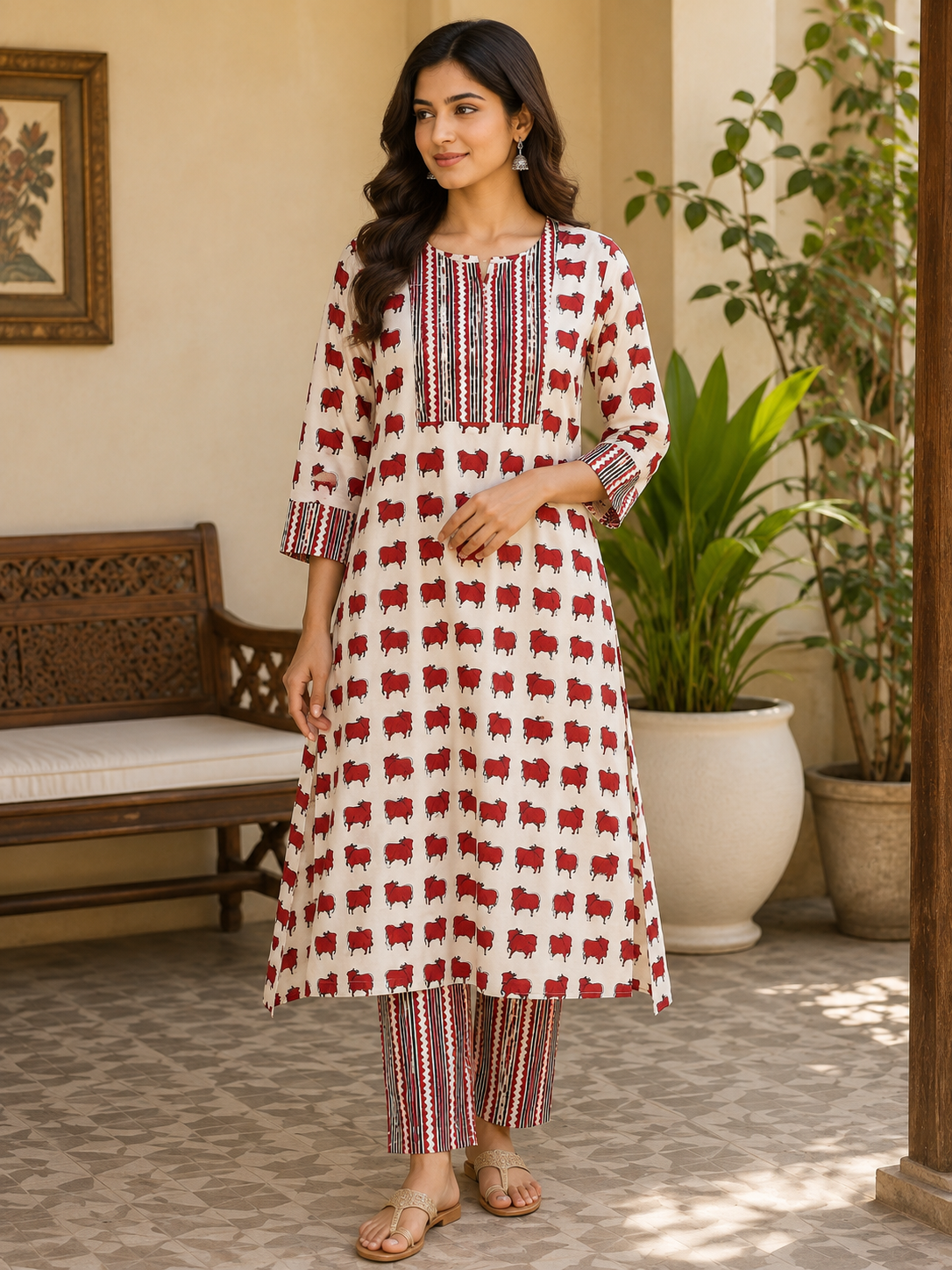Elegant Hand Block Printed Cotton Kurta and pant set - Sizes 38 - 44