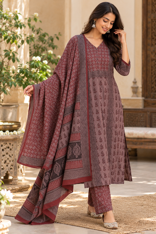 Bagh Hand Block Printed stitched 3 pc Cotton suit - 44 size