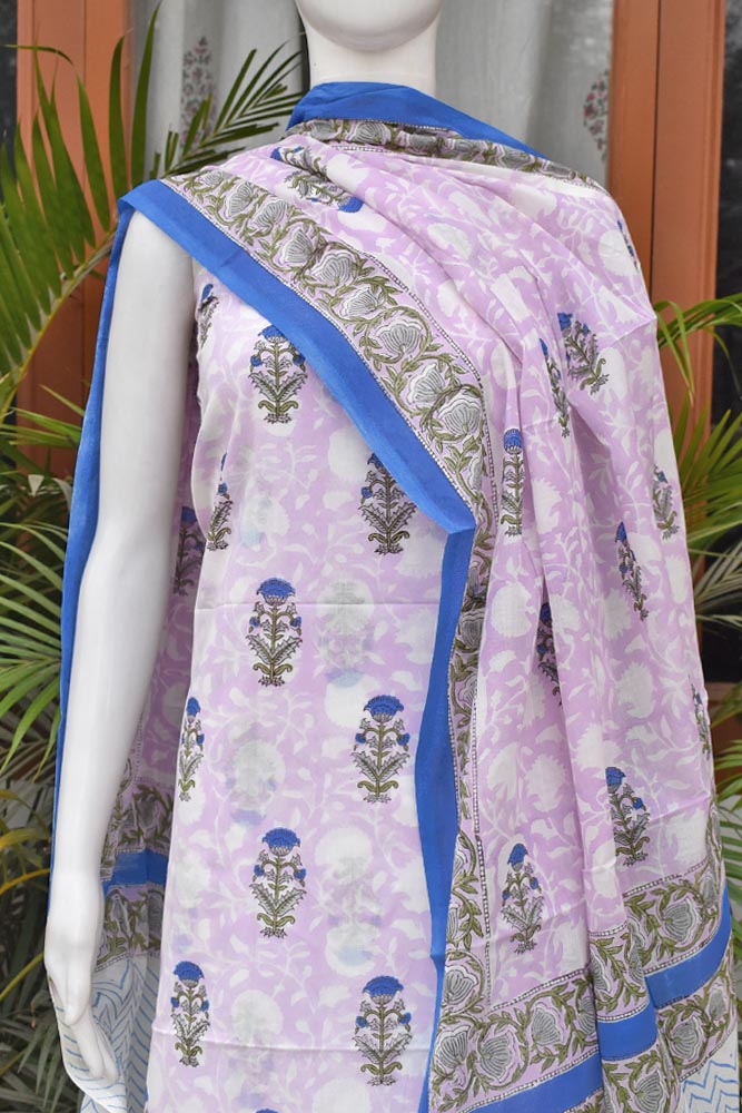 Beautiful Hand Block Printed Cotton unstitched suit fabric with Mul cotton Dupatta
