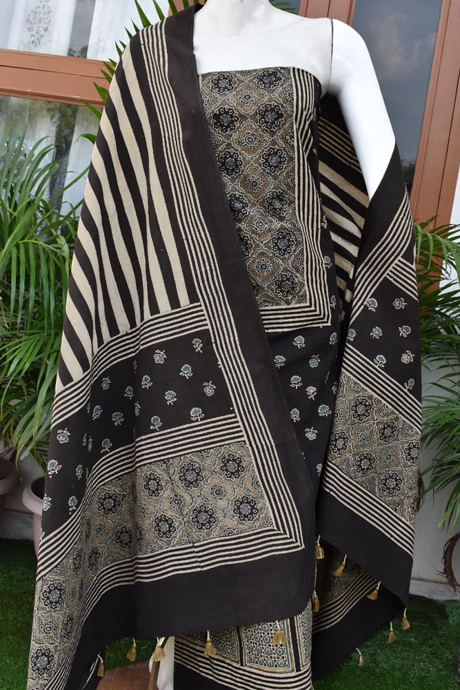 Hand Block Print Ajrakh Cotton Suit with designer Ajrakh neck yoke pattern
