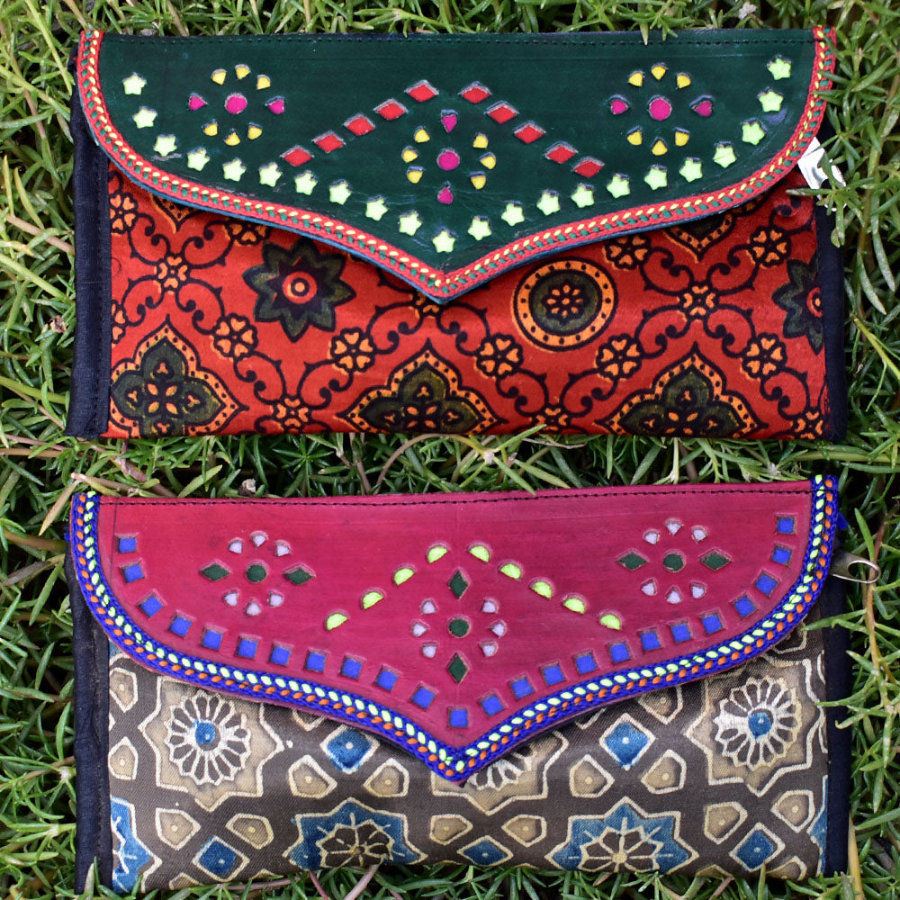 Set of 2 - Handcrafted Kutch Leather Punch work &Ajrakh Mashroo wallet/purse