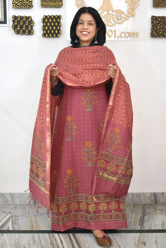 Elegant Hand Block print cotton suit with Schiffli work & Chanderi dupatta