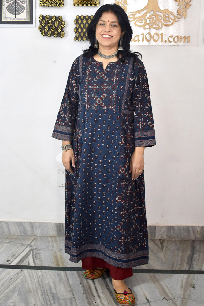 Designer Hand Block Printed Ajrakh cotton Kurta / Dress - Size 38 to 48 ( all sizes)