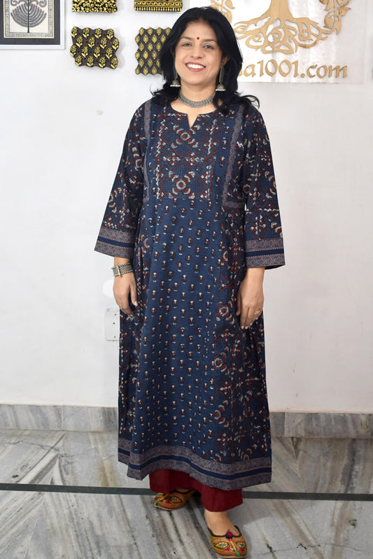 Designer Hand Block Printed Ajrakh cotton Kurta / Dress - Size 38 to 48 ( all sizes)