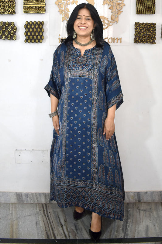 Beautiful Hand Block Printed Ajrakh Modal Silk Kurta, Size 40 to 46
