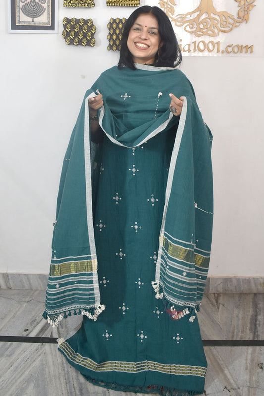 Premium Handwoven Kala Cotton Bhujodi suits with Mirror and Miri work - 3 pc set