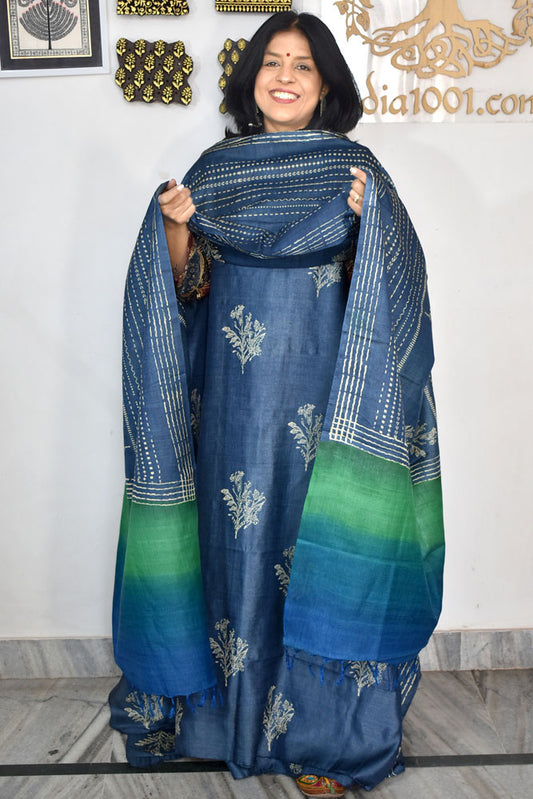 Beautiful Hand Block printed Tussar Silk Kurta Dupatta Set