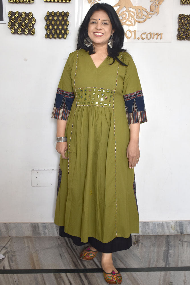 Designer Hand Block Printed Ajrakh cotton Kurta With Mirror Work - Size 40 to 48 ( all sizes)