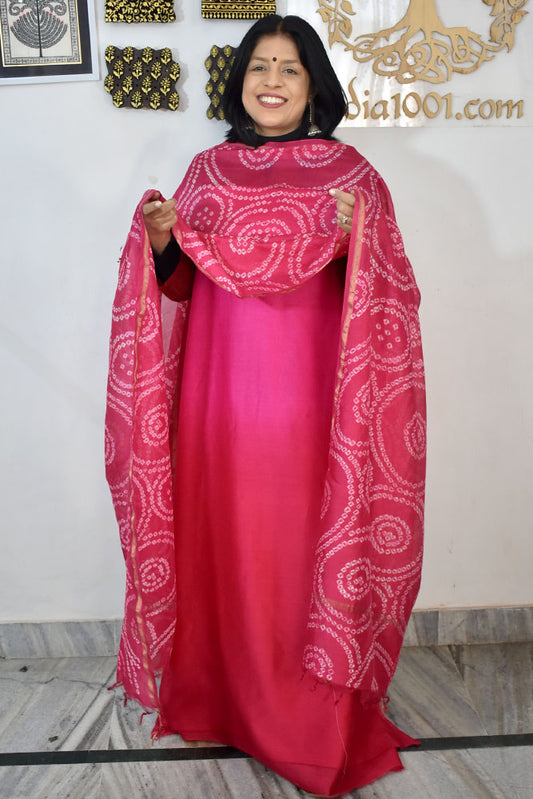 Ombre Dyed -Tie & Dye Bandhani Kurta & Dupatta 2pc Chanderi Unstitched Suit