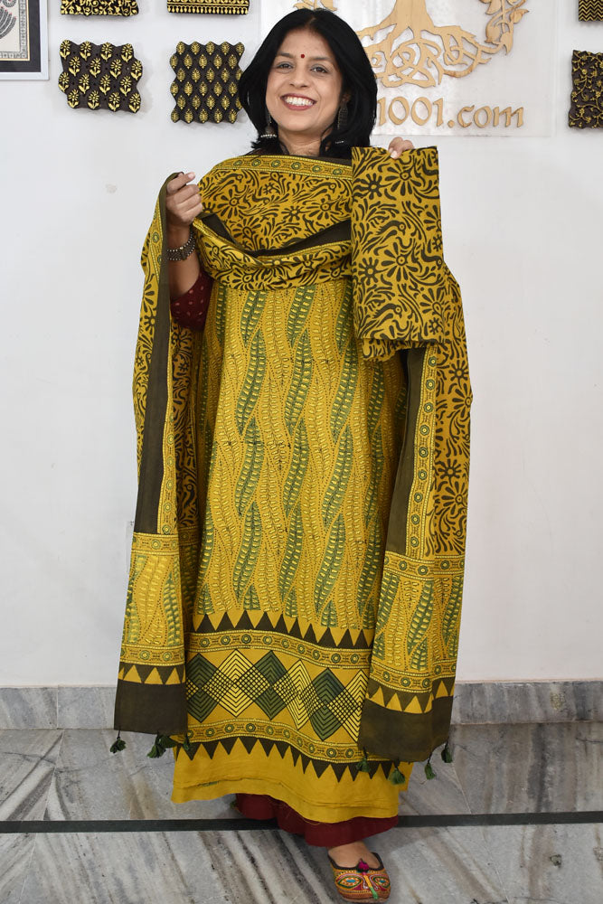 Block Print Ajrakh Cotton Suit with designer Ajrakh neck yoke /panel & Stole