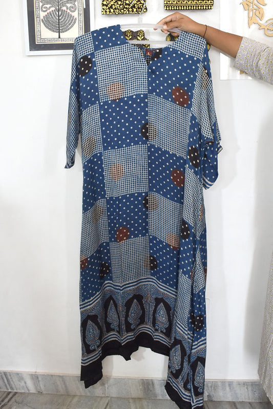 Beautiful Hand Block Printed Ajrakh Modal Silk Kaftan Kurta, Size 40 to 44