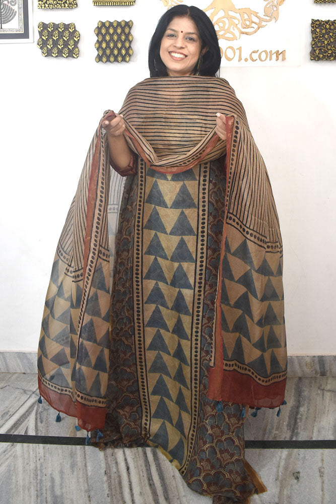 Designer Ajrakh Kota Silk Unstitched suit with Kota Silk Dupatta  - 2 piece set