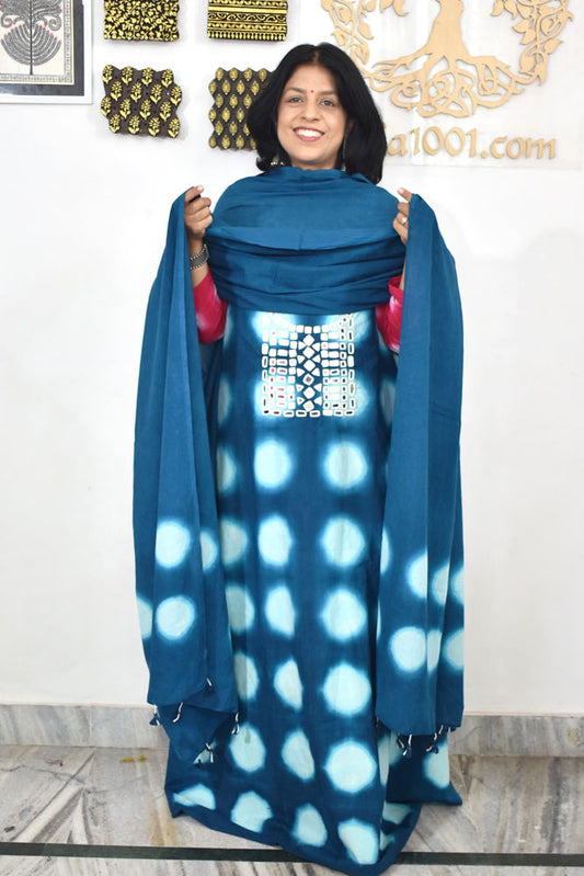 Tie & Dye Clamp Dyed cotton Unstitched Suit with Kutch Mirror work