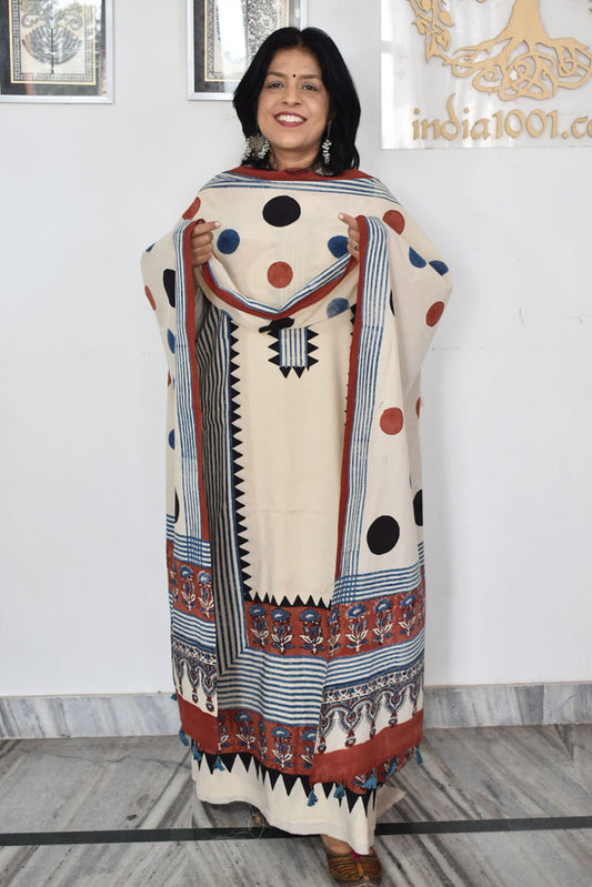 Block Print Ajrakh Cotton Suit with designer Ajrakh neck yoke /panel & Long Stole
