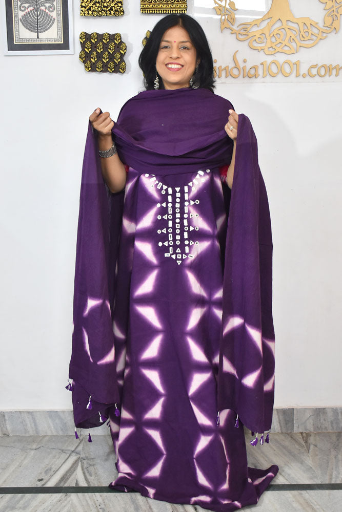 Tie & Dye Clamp Dyed cotton Unstitched Suit with Kutch Mirror work