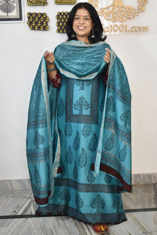 Bagh Hand Block Printed unstitched 3 pcs Handwoven Maheshwari suit fabric with Zari borders