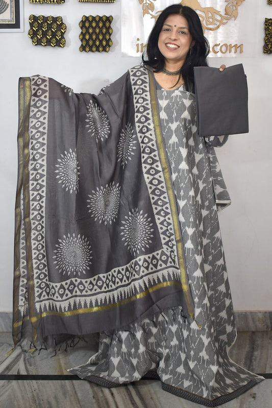 Handwoven Pochampally Cotton kurta with Chanderi Dupatta & Cotton Bottom - 3 pc set