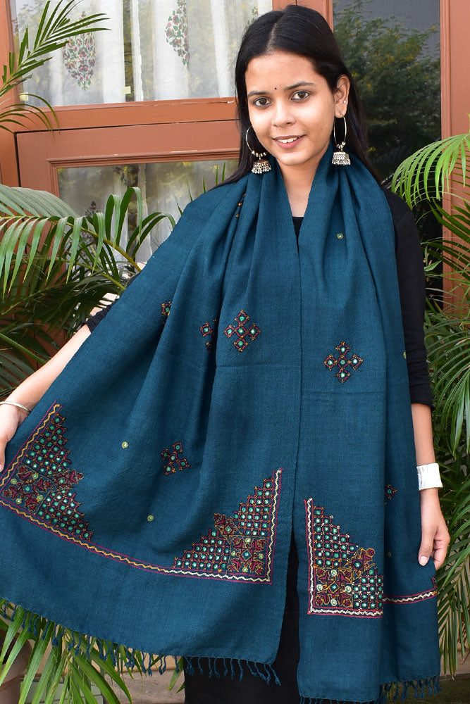 Handwoven Kutch Pure Merino Wool Stole with Mutva Hand Embroidery work