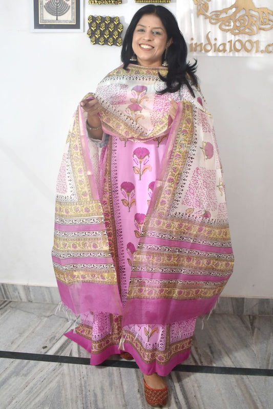 Designer Hand Block Print Cotton suit with Chanderi dupatta
