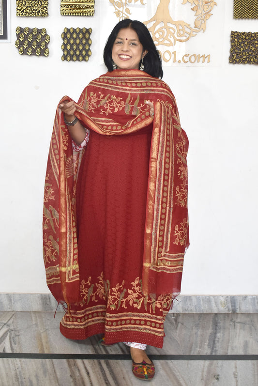 Elegant Hand Block print cotton suit with Schiffli work & Chanderi dupatta