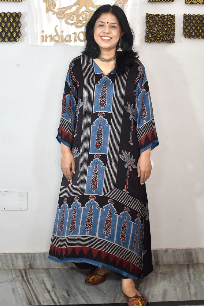 Beautiful Hand Block Printed Ajrakh Modal Silk Kurta, Size 40 to 46