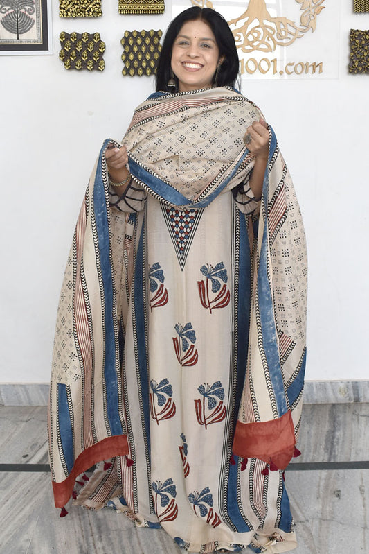Designer Ajrakh Muslin Unstitched suit with Ajrakh Muslin Dupatta- 2 piece set