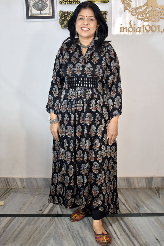 Beautiful Modal Silk Kurta with Ajrakh block print & Kutch mirror work - Size 38 - 48