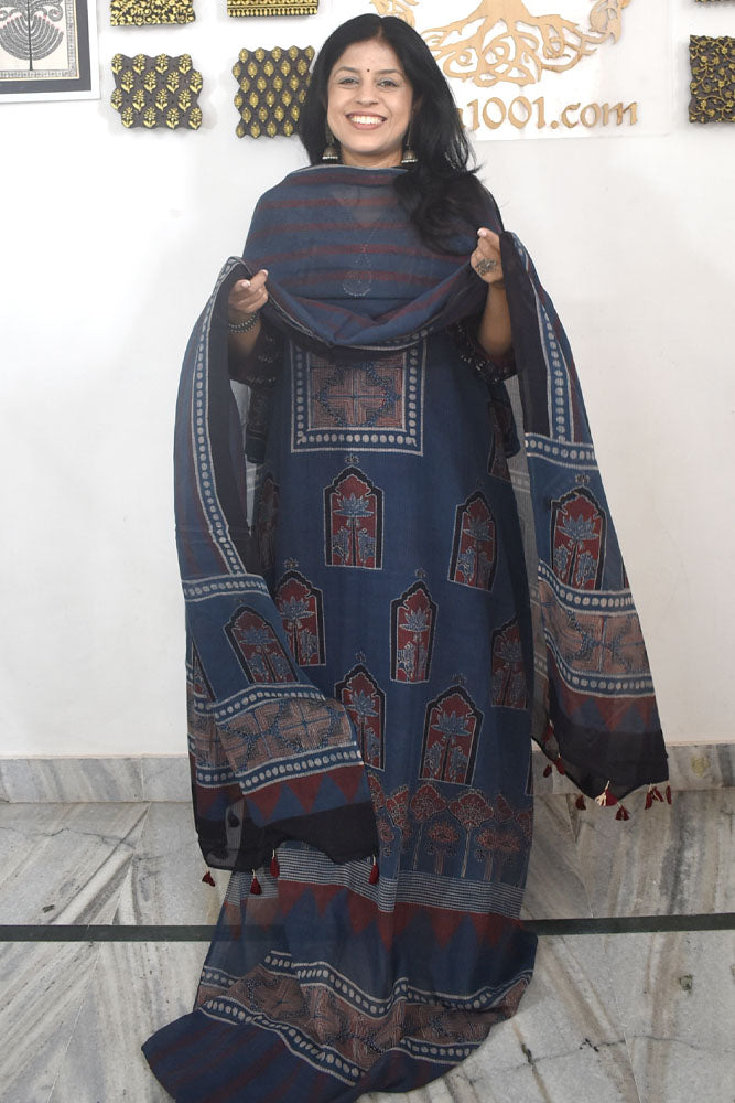 Designer Ajrakh Kota Unstitched suit with Kota Dupatta & Cotton Bottom - 3 piece set