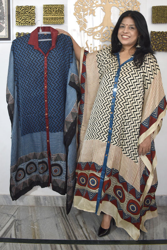 Beautiful Hand Block Printed Ajrakh Modal Silk Kaftan, Size 38 to 50
