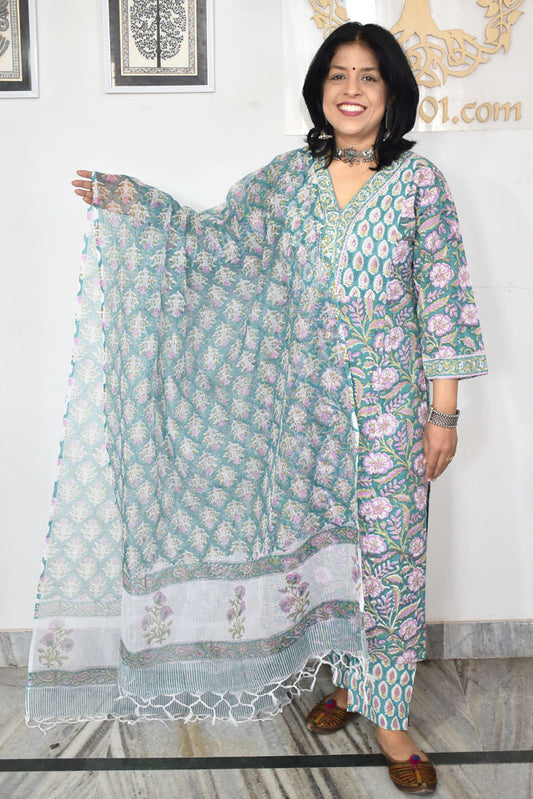 Hand Block Printed Cotton suit with Hand Embroidery - Kurta , Kota Dupatta & Pant - size 38, 40, 42, 44, 46