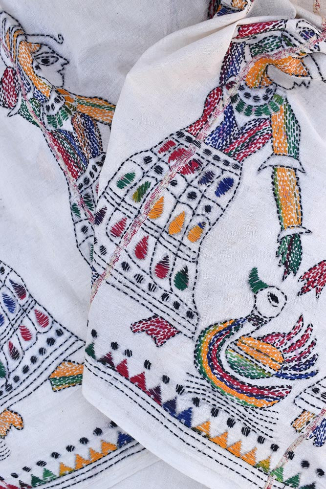 Elegant Handwoven Khesh Cotton Saree with Hand Kantha work