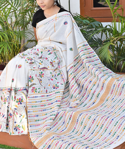 Elegant Handwoven Khesh Cotton Saree with Hand Kantha work