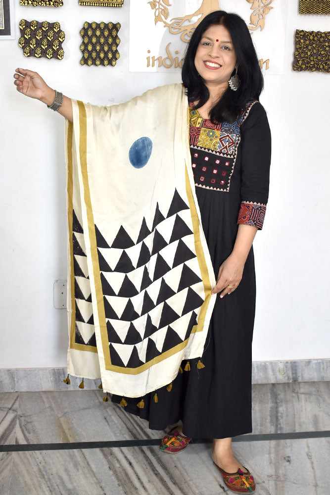 Beautiful Hand Block Printed Ajrakh Modal Silk stole with Tassels