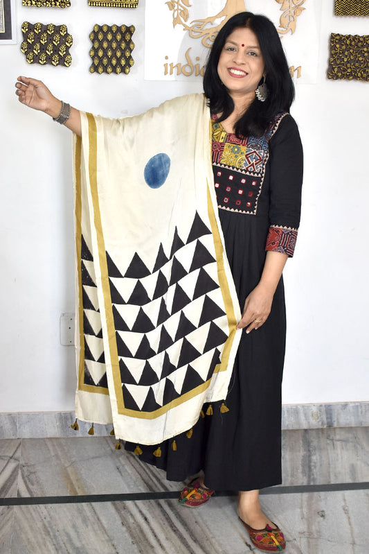 Beautiful Hand Block Printed Ajrakh Modal Silk stole with Tassels