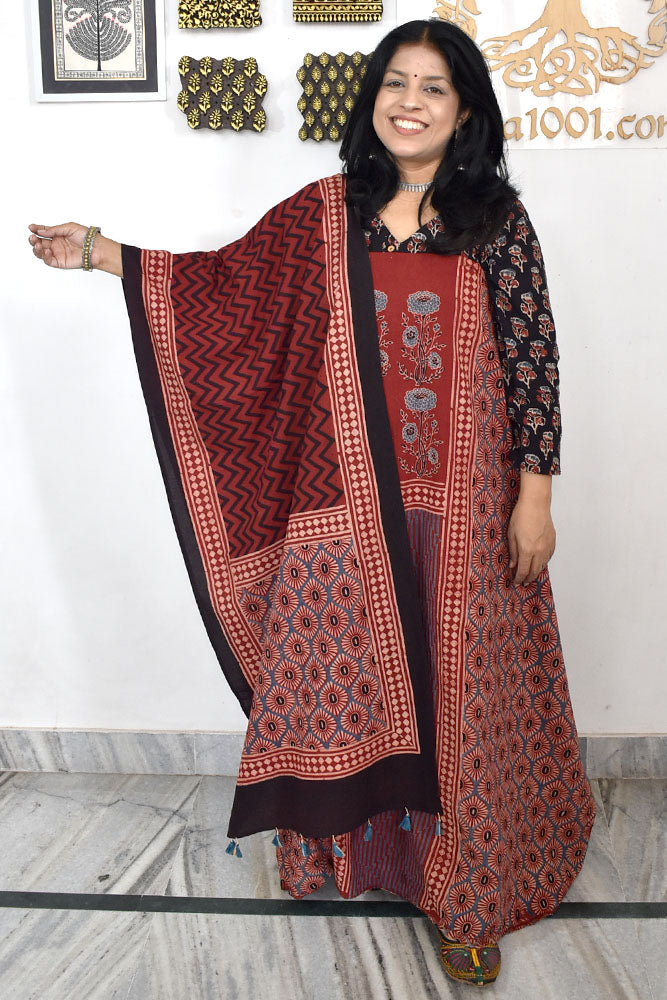 Designer Ajrakh Cotton kurta with Stole & Cotton Bottom - 3 piece set