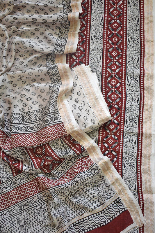 Beige - Maheshwari Silk Bagru Hand Block Print 3pc Unstitched Dress Material 10