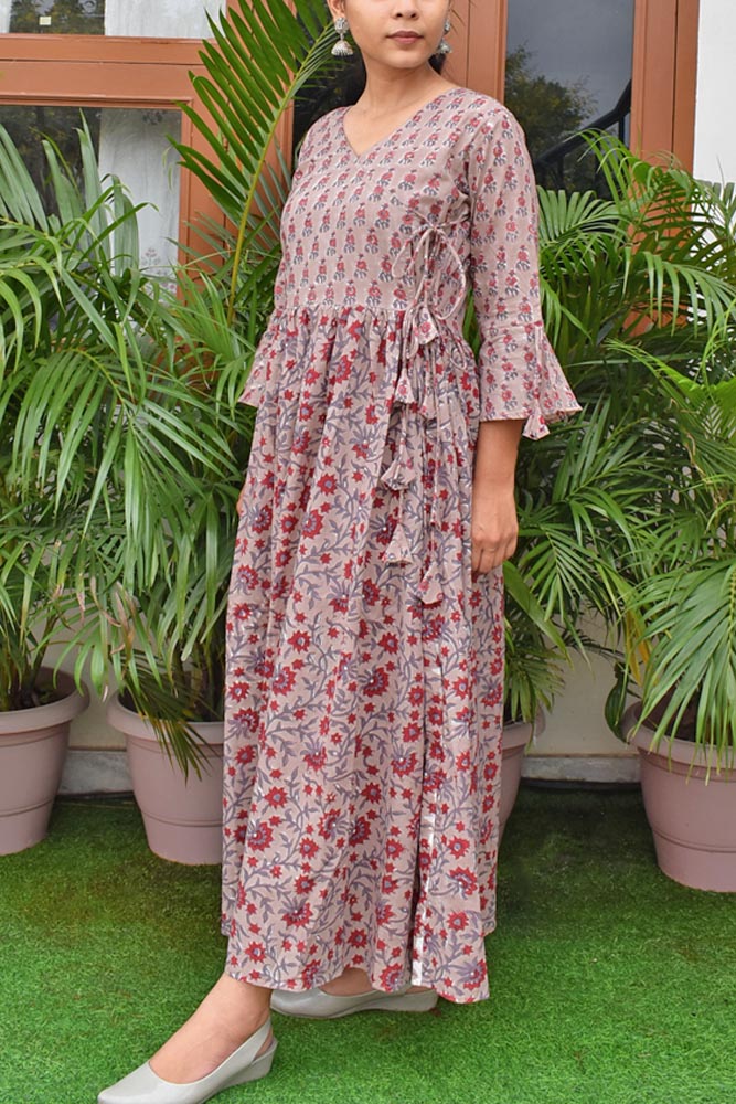 Beautiful Long Cotton Dress/ Kurti with side tie up strings Size -  36, 38, 40, 42